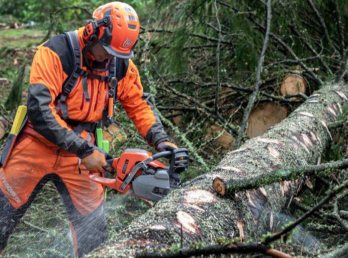 Ein Mann in orangefarbener Kleidung fällt einen Baum mit einer Husqvarna Forstmaschine